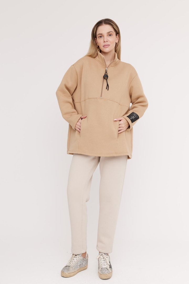 Harper Fermuarlı Sweatshirt - Bej