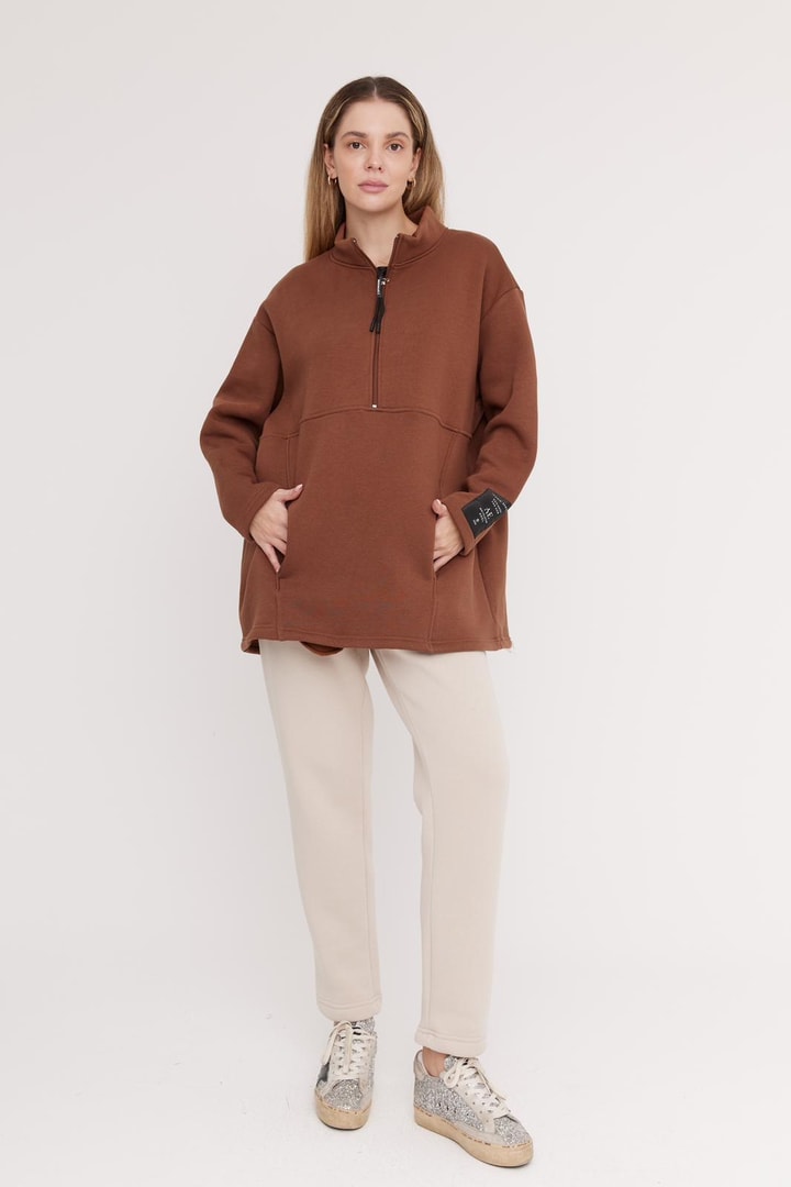 Harper Fermuarlı Sweatshirt - Kahve