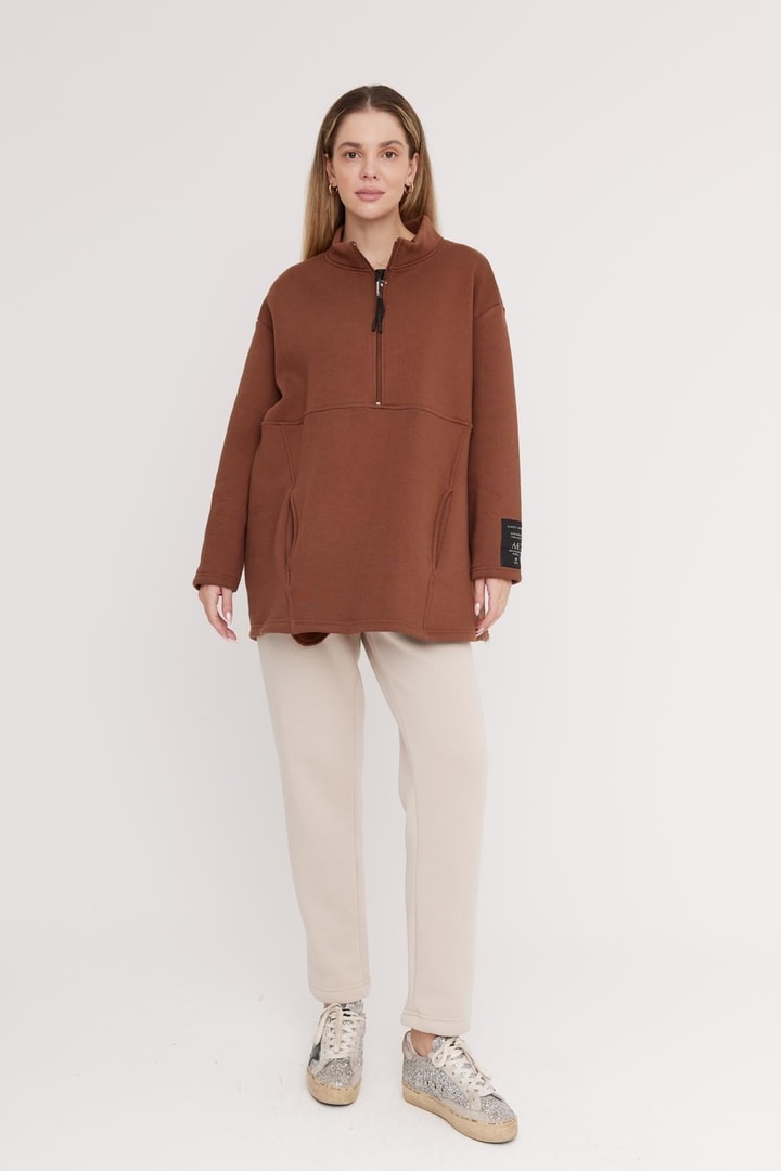 Harper Fermuarlı Sweatshirt - Kahve