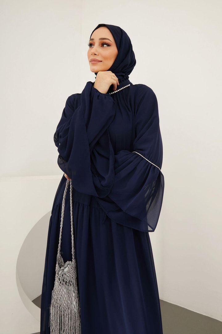 Helen Taş Detaylı Şifon Elbise - Lacivert
