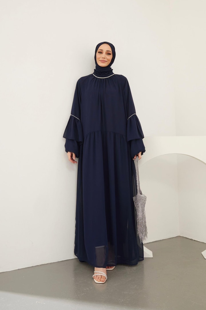 Helen Taş Detaylı Şifon Elbise - Lacivert