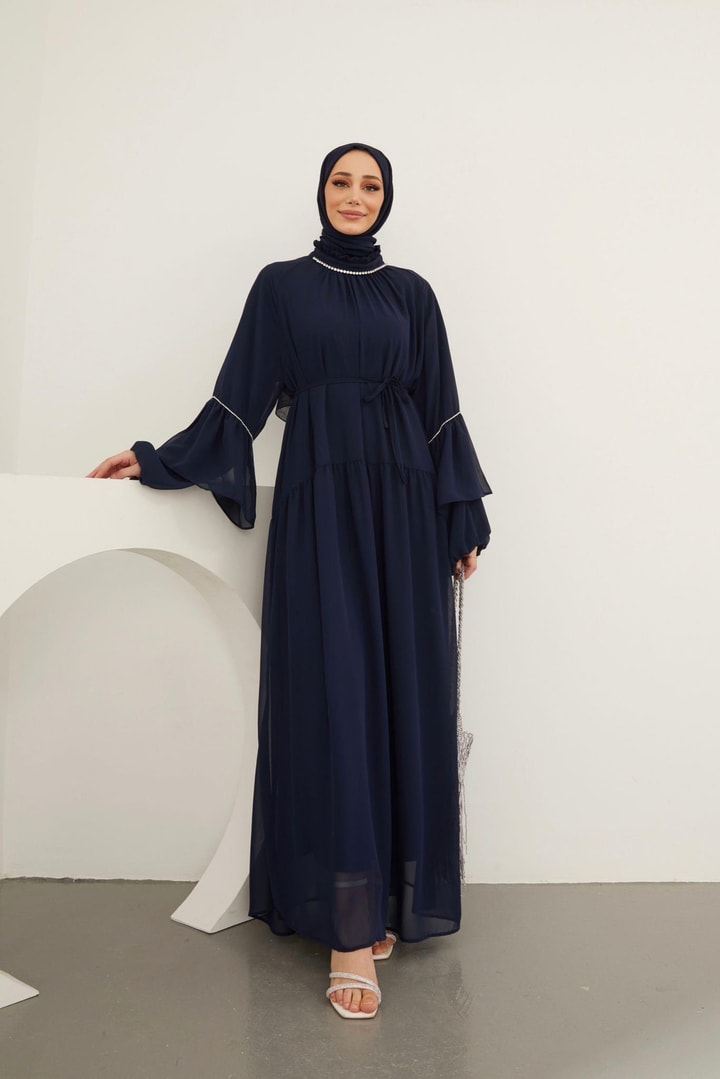 Helen Taş Detaylı Şifon Elbise - Lacivert