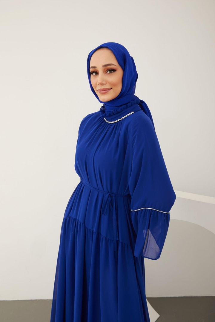 Helen Taş Detaylı Şifon Elbise - saks mavisi