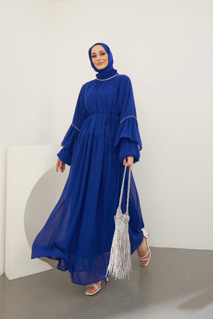 Helen Taş Detaylı Şifon Elbise - saks mavisi
