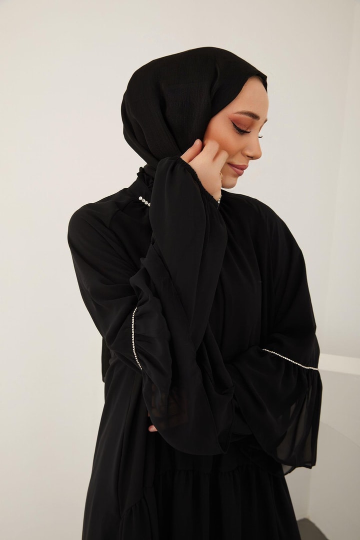 Helen Taş Detaylı Şifon Elbise - Siyah