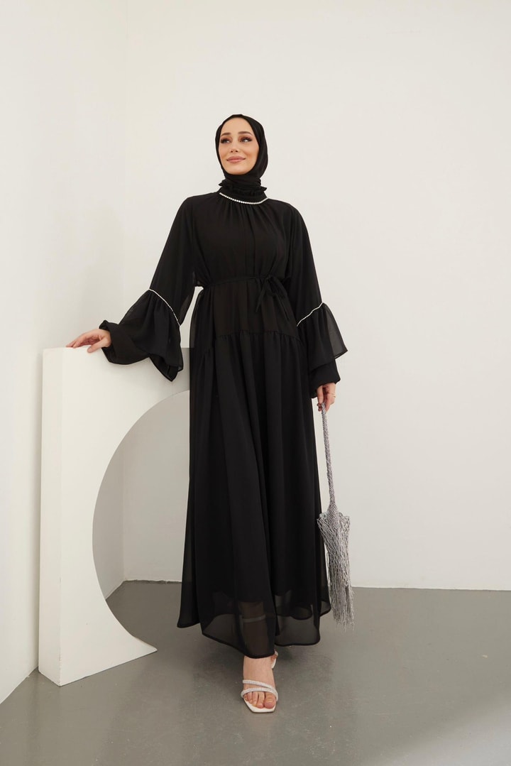 Helen Taş Detaylı Şifon Elbise - Siyah