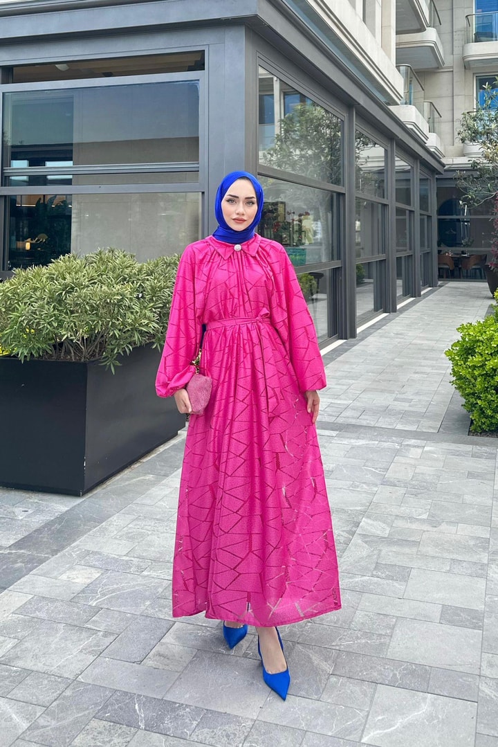 Helly Dantelli Elbise - Fuşya