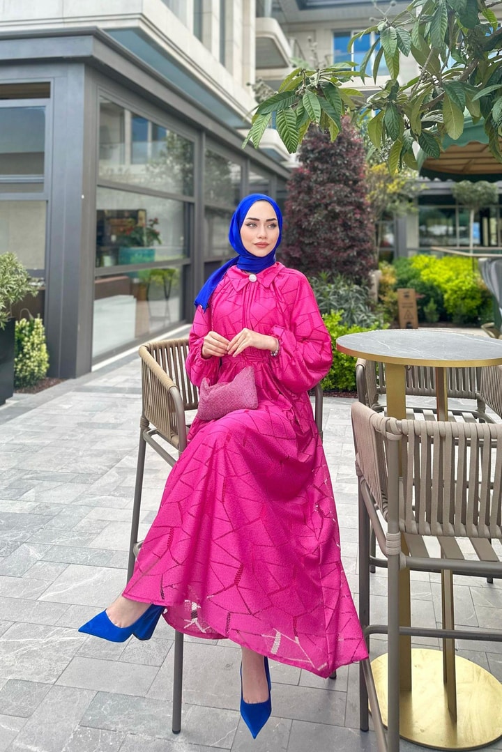 Helly Dantelli Elbise - Fuşya