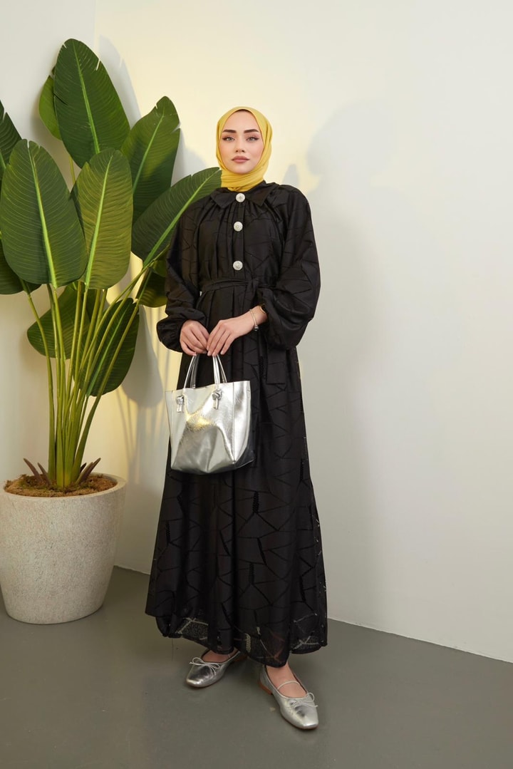 Helly Dantelli Elbise - Siyah