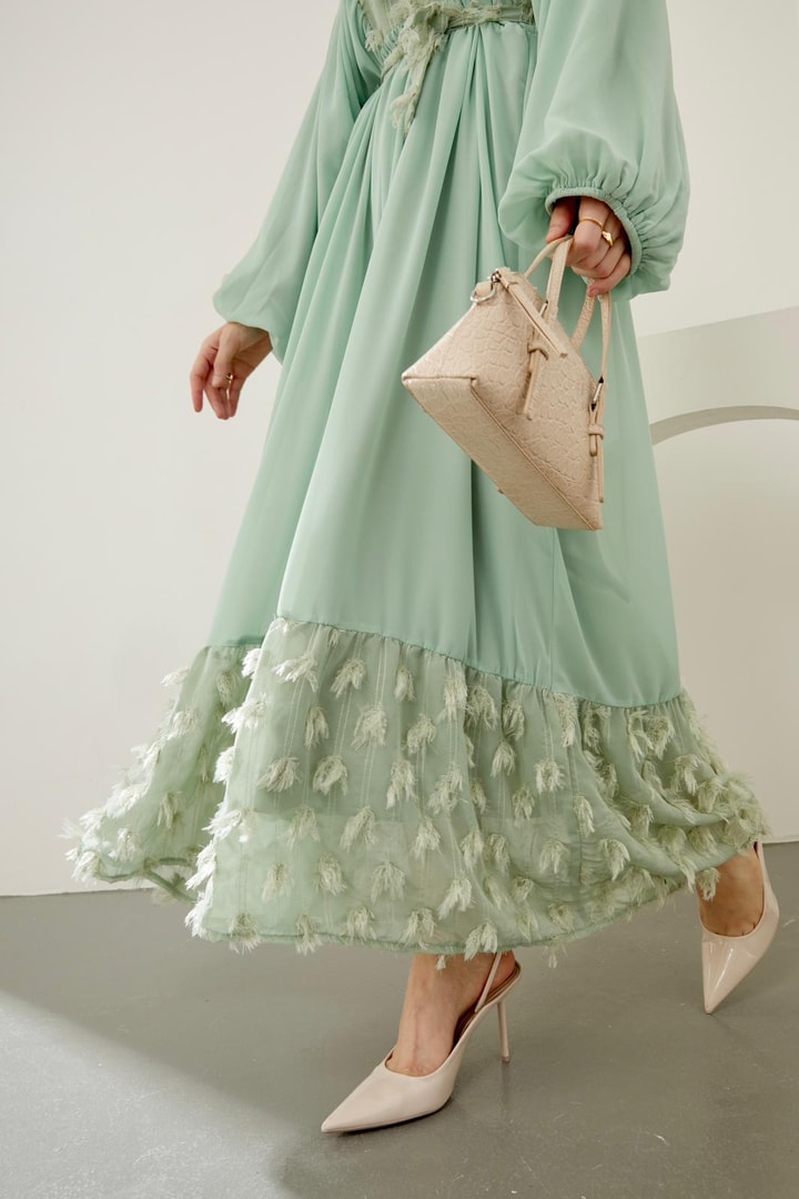Hiva Kumaş Detaylı Şifon Elbise - Mint