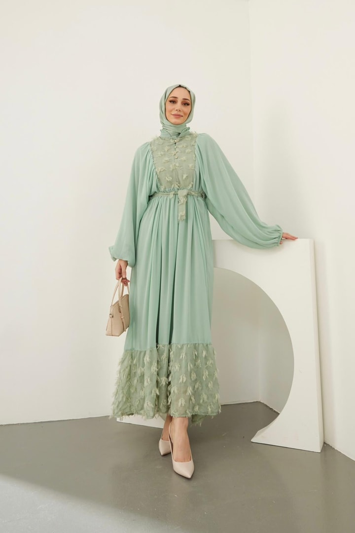 Hiva Kumaş Detaylı Şifon Elbise - Mint