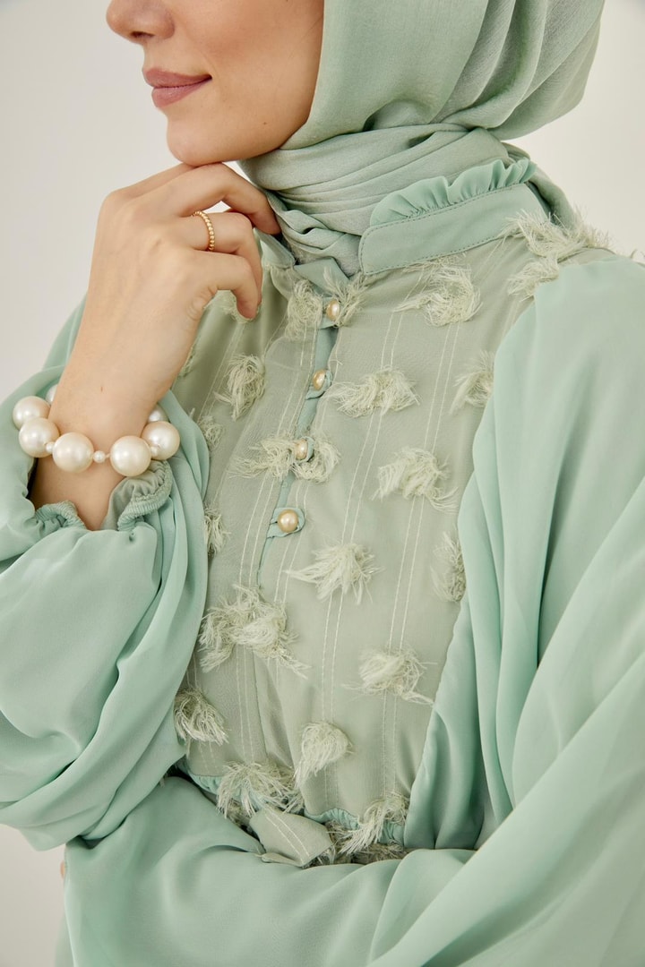 Hiva Kumaş Detaylı Şifon Elbise - Mint