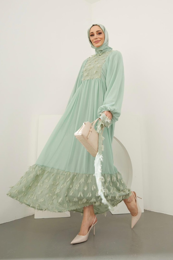 Hiva Kumaş Detaylı Şifon Elbise - Mint