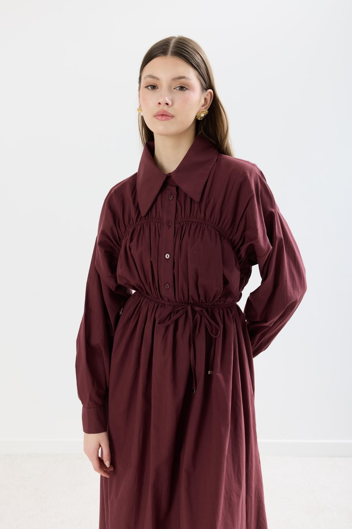 Irving Ön Roba Büzgülü Vual Elbise - Bordo