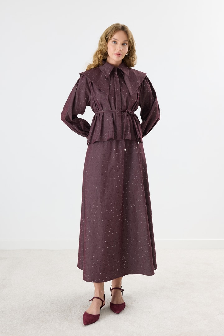Işıltılı Geniş Yaka Gabardin Takım - Bordo