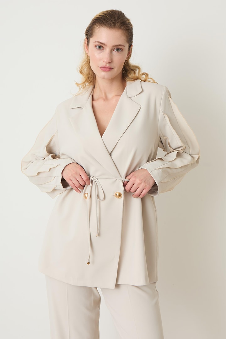 Jenika Kol Detaylı Premium Blazer Ceket Takım - Bej