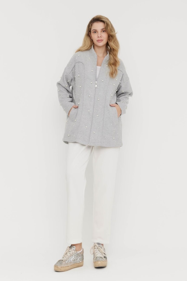 Jessia İncili Kaşe Hırka - Gri