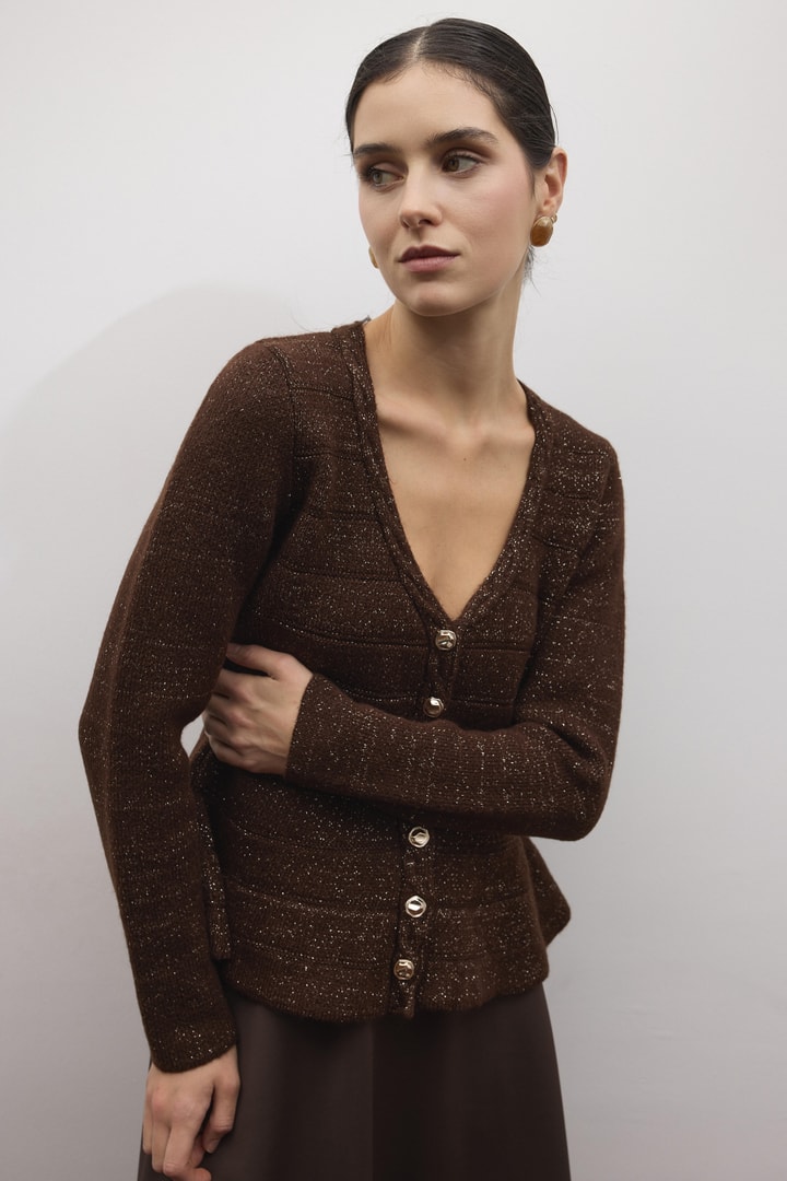 Jewel Peplum Simli Triko Hırka - Acı Kahve