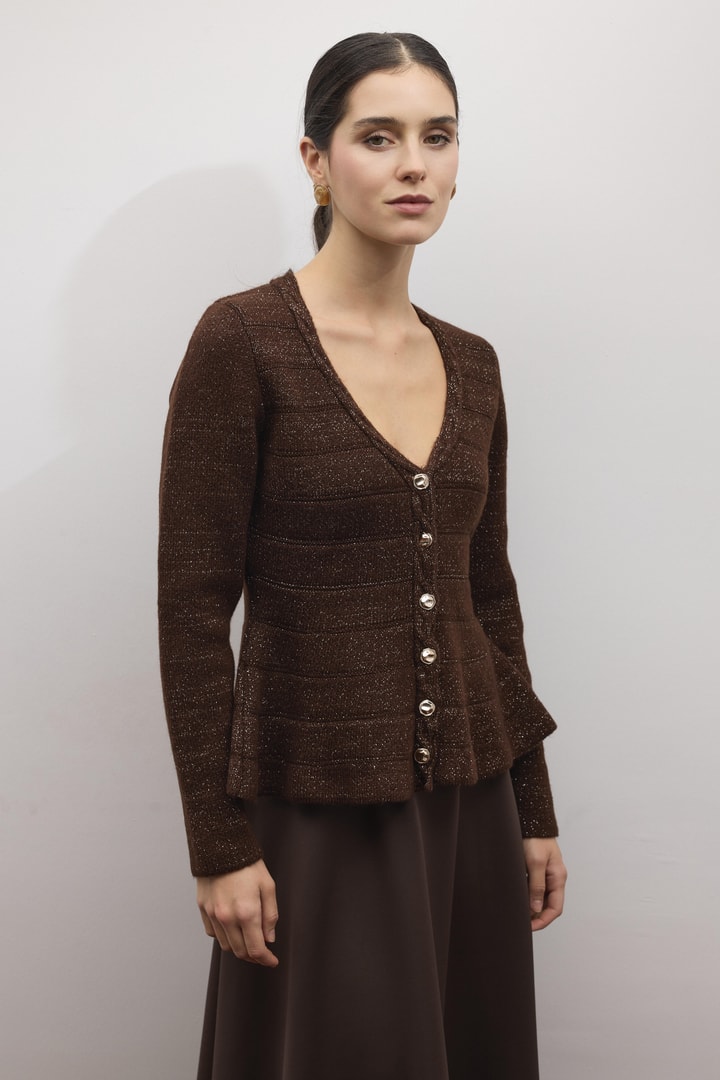 Jewel Peplum Simli Triko Hırka - Acı Kahve