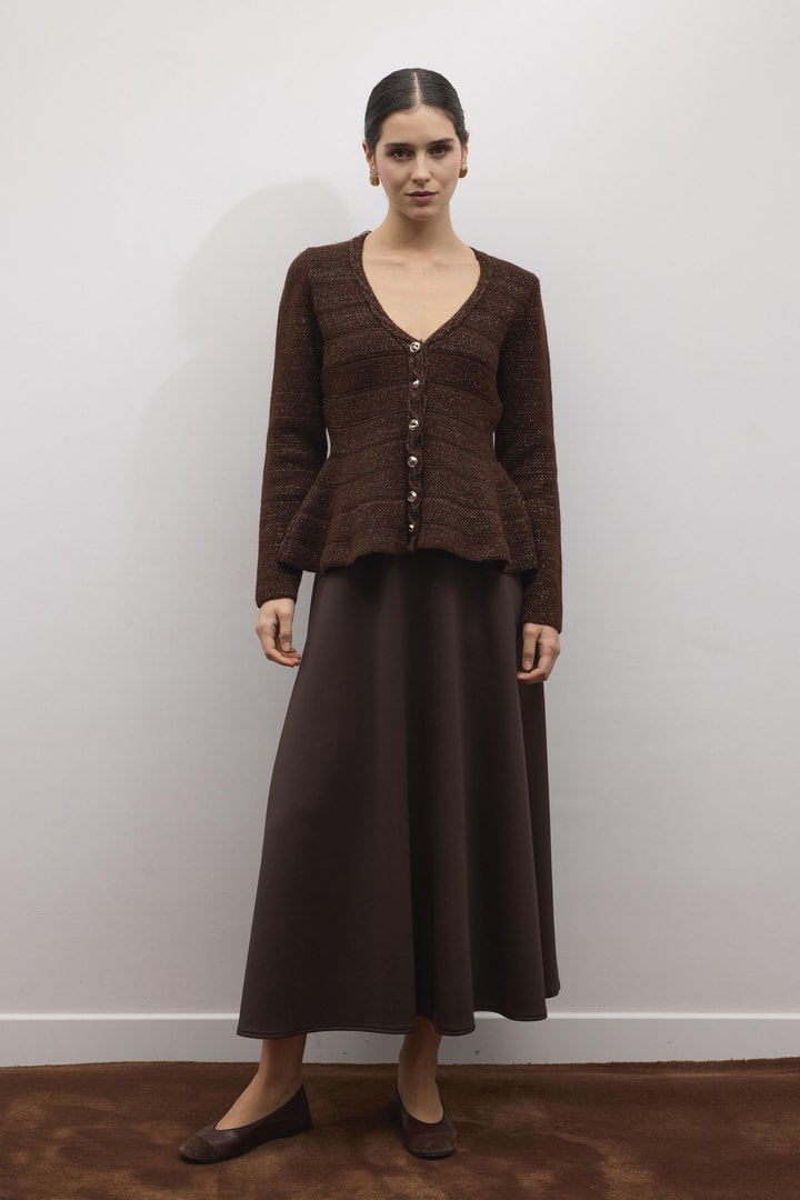 Jewel Peplum Simli Triko Hırka - Acı Kahve