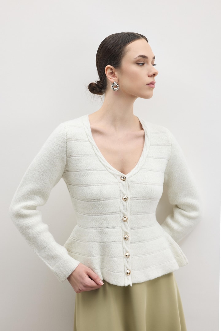 Jewel Peplum Simli Triko Hırka - Ekru