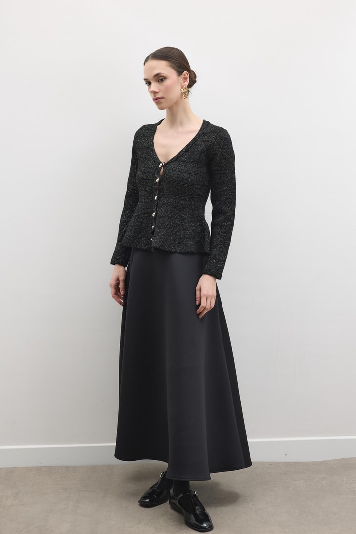 Jewel Peplum Simli Triko Hırka - Siyah