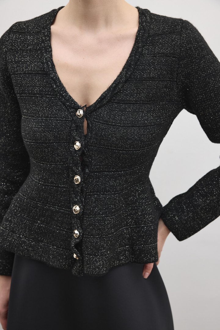 Jewel Peplum Simli Triko Hırka - Siyah