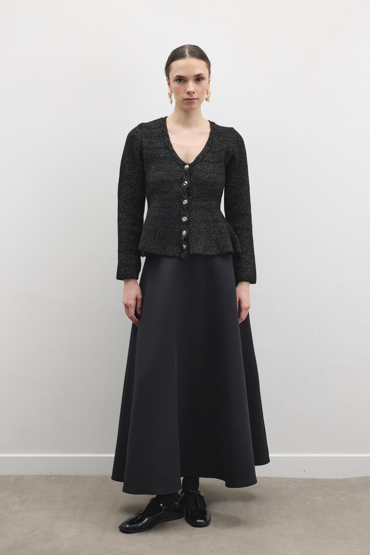 Jewel Peplum Simli Triko Hırka - Siyah