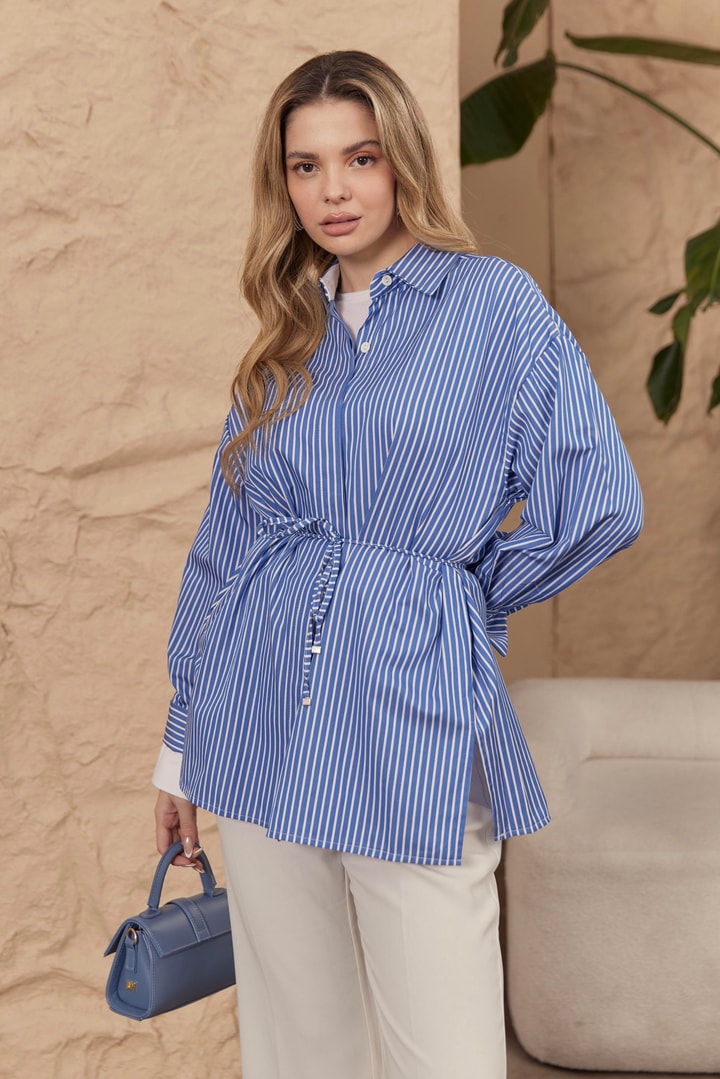 July Çizgili Poplin Gömlek - Lacivert