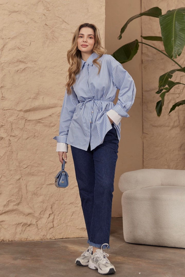July Çizgili Poplin Gömlek - Mavi