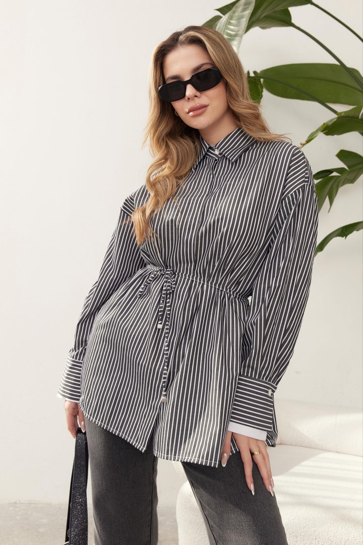 July Çizgili Poplin Gömlek - Siyah