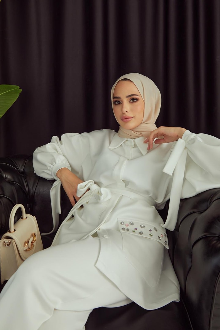 Kanila Cebi Taş Detaylı Scuba Takım - Beyaz
