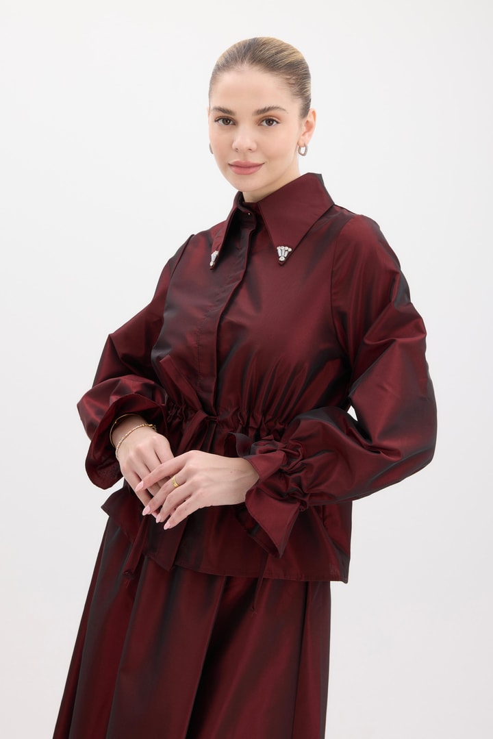 Katalina Taş Detaylı Tafta Etek Takım - Bordo