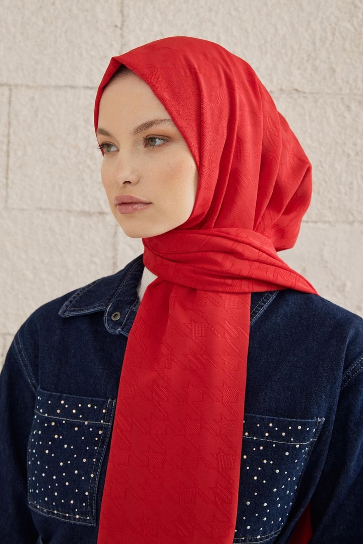 Kazayağı Desen Dokulu Şal - Kırmızı