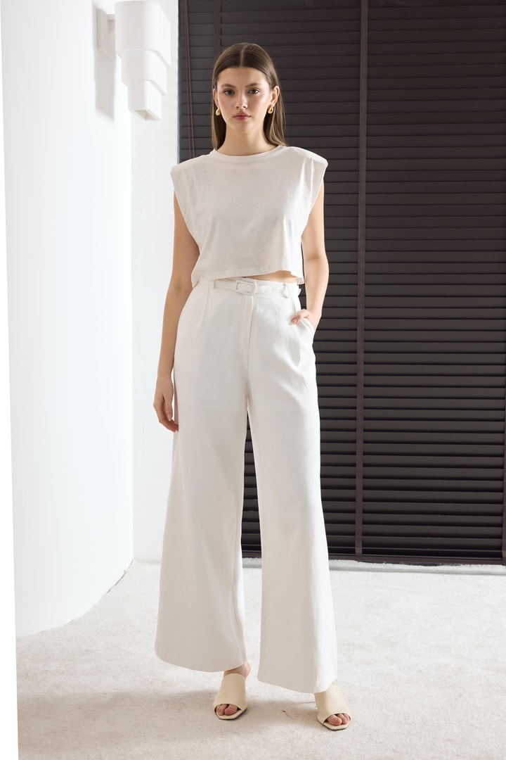Kemerli Basic Keten Pantolon - Beyaz