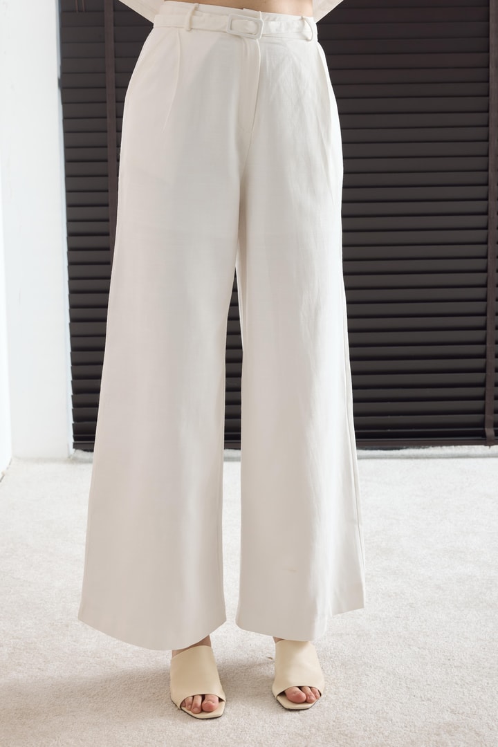Kemerli Basic Keten Pantolon - Beyaz