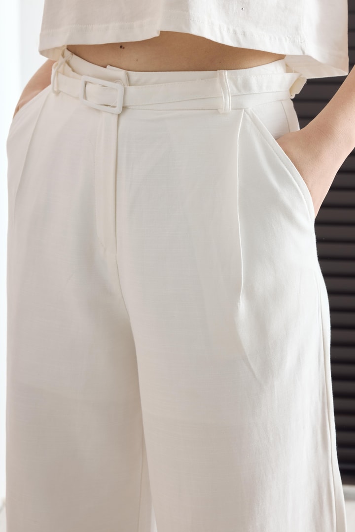 Kemerli Basic Keten Pantolon - Beyaz