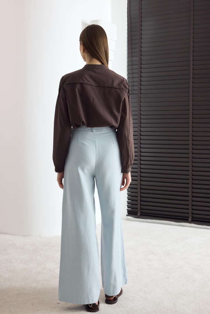 Kemerli Basic Keten Pantolon - Mavi