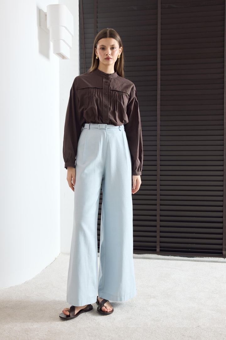 Kemerli Basic Keten Pantolon - Mavi