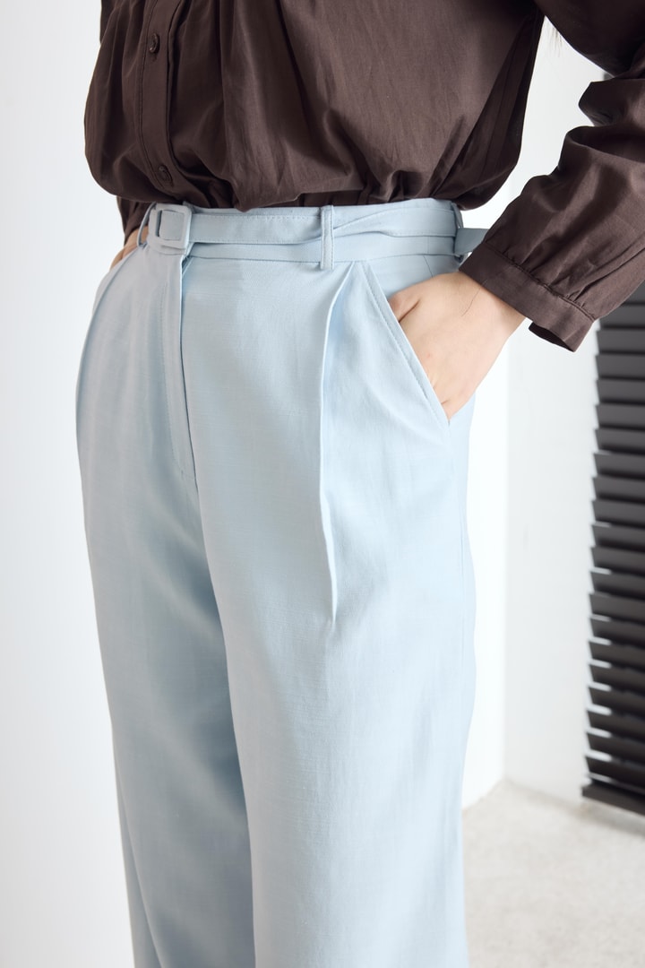 Kemerli Basic Keten Pantolon - Mavi