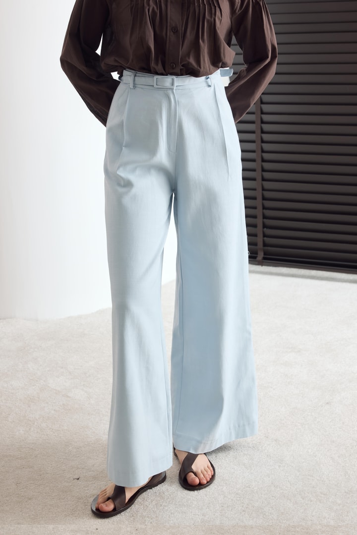 Kemerli Basic Keten Pantolon - Mavi