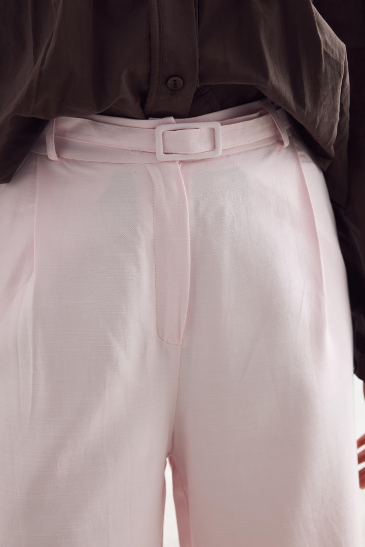 Kemerli Basic Keten Pantolon - Pembe