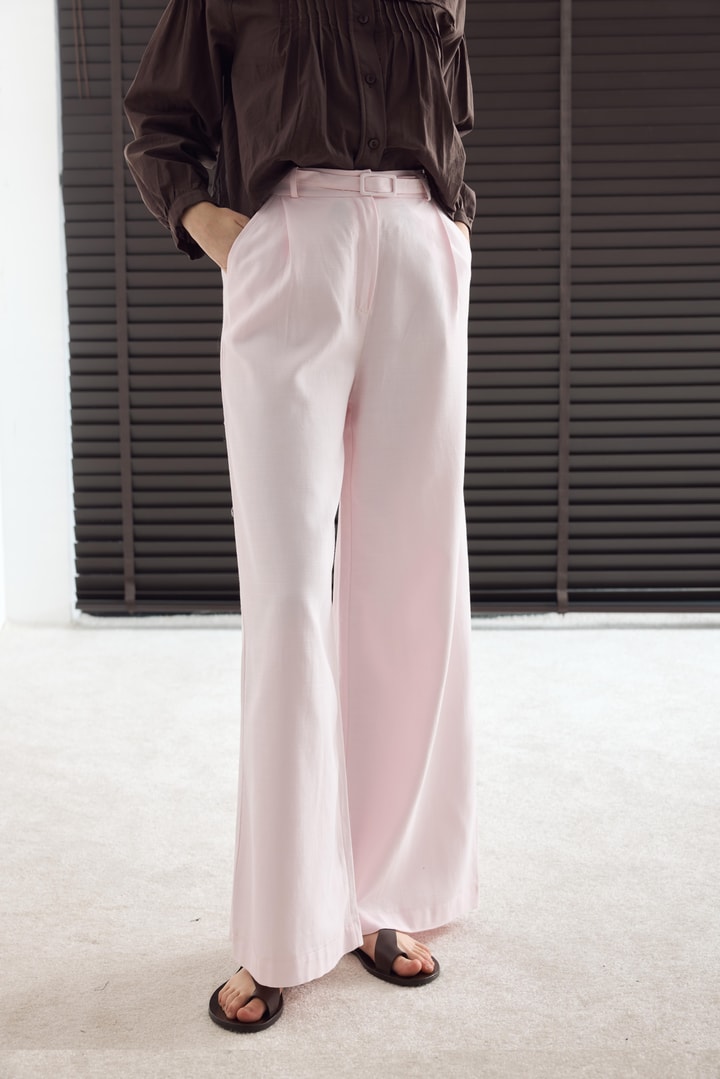 Kemerli Basic Keten Pantolon - Pembe