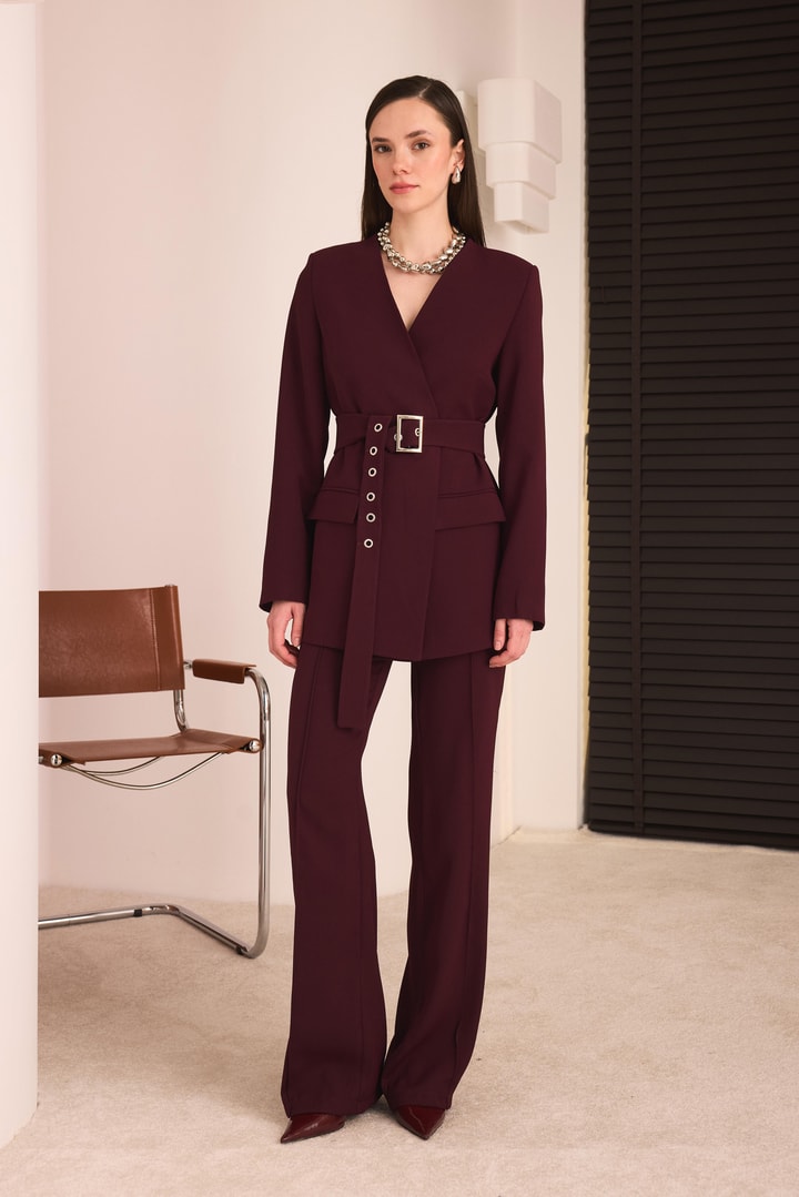 Kemerli Blazer Pantolon Takım - Bordo