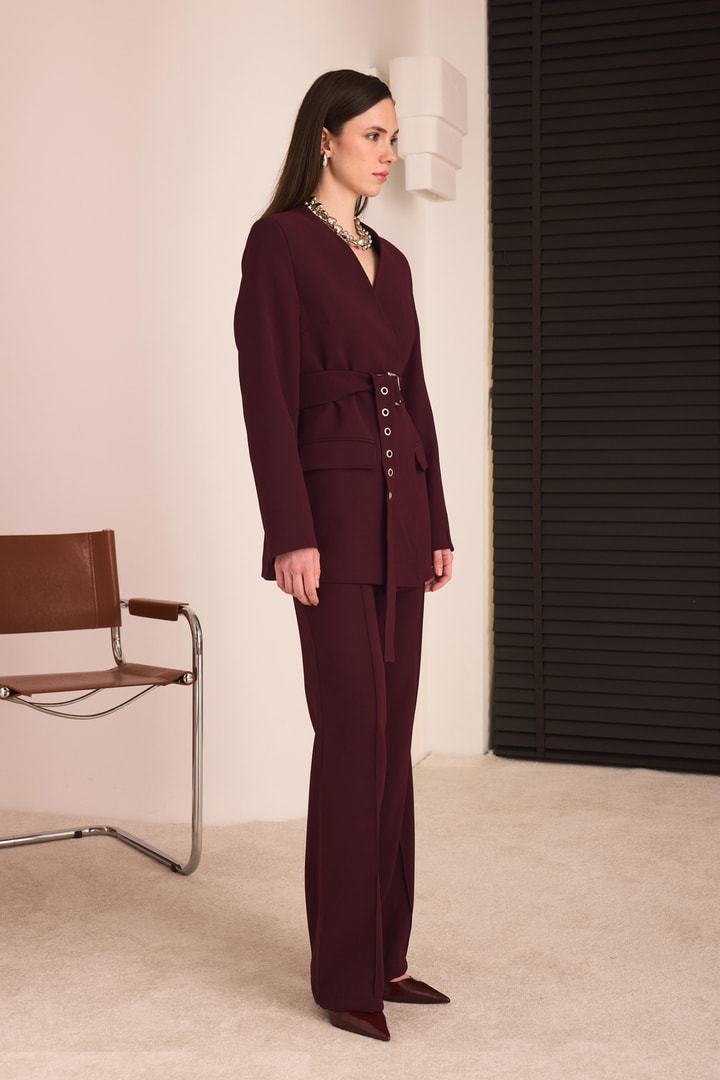 Kemerli Blazer Pantolon Takım - Bordo