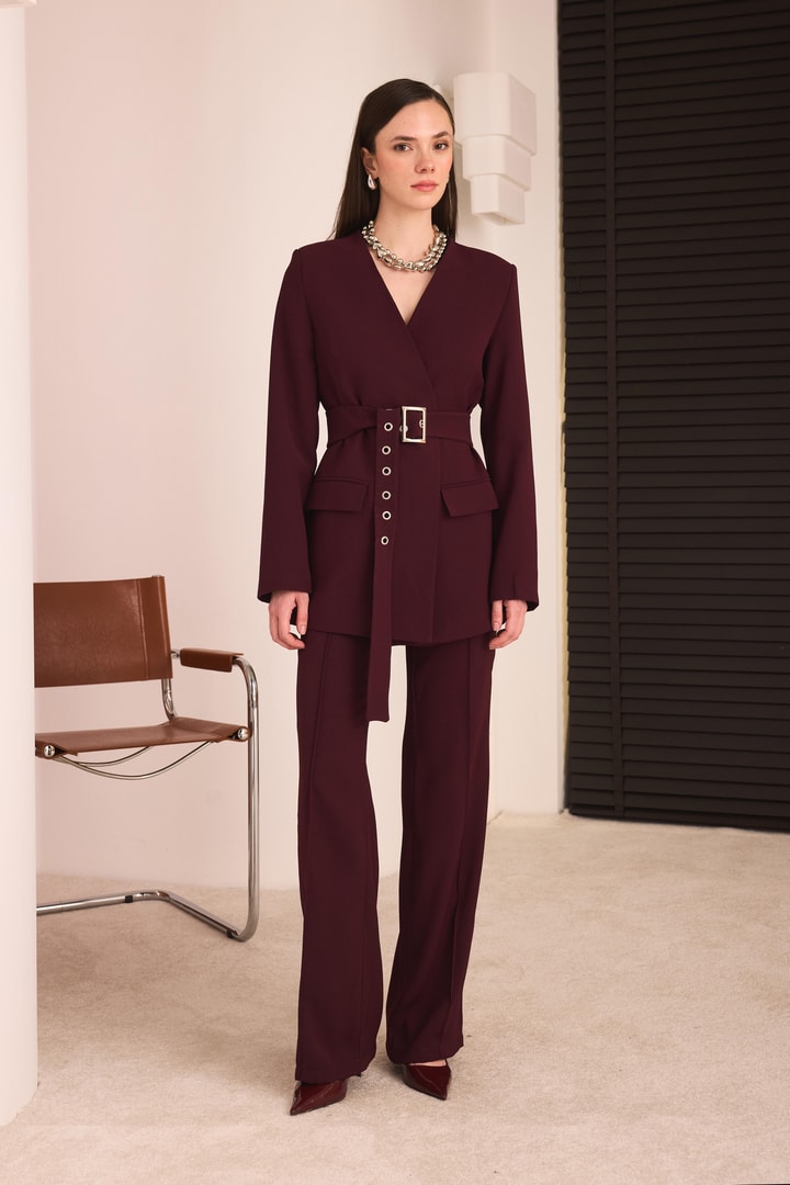 Kemerli Blazer Pantolon Takım - Bordo