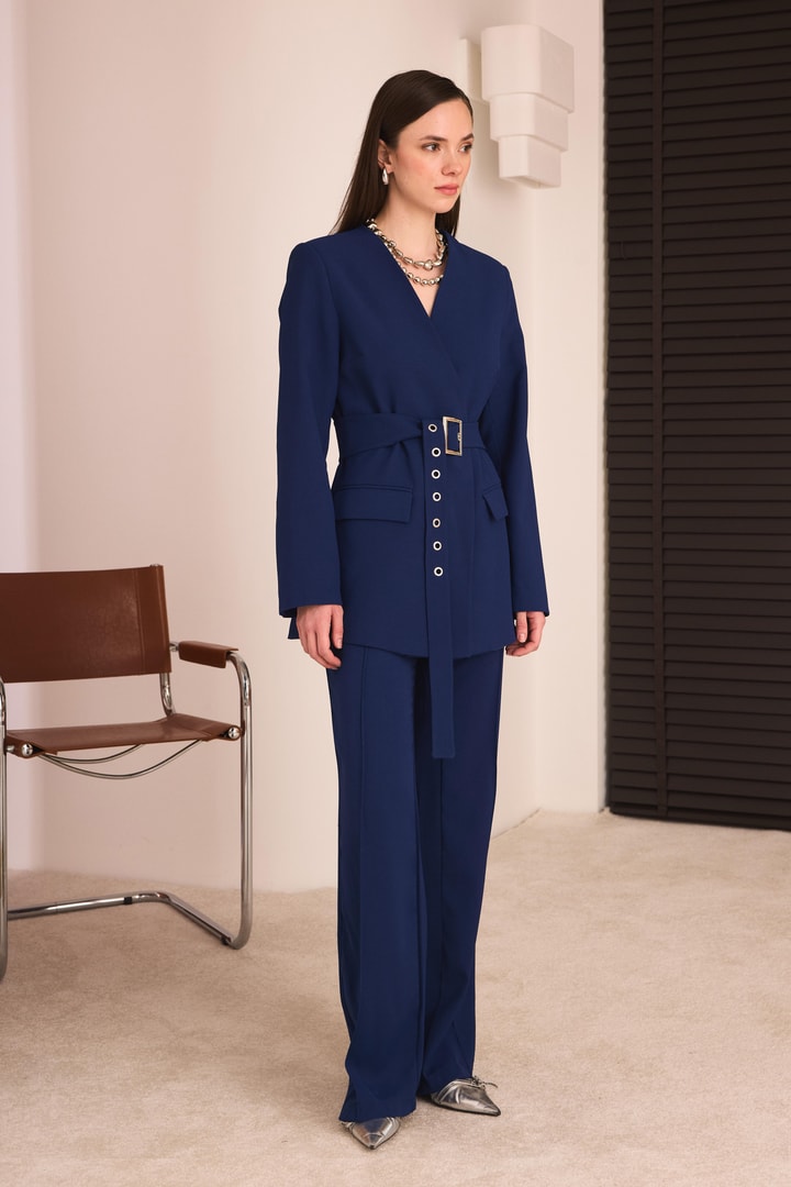 Kemerli Blazer Pantolon Takım - İndigo