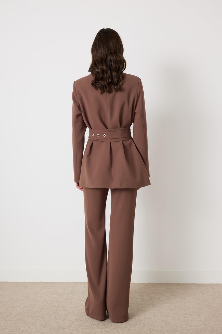 Kemerli Blazer Pantolon Takım - sütlü kahve
