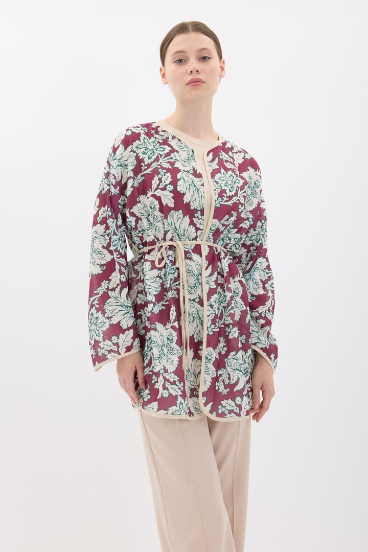 Keten Desenli Kimono - Bordo