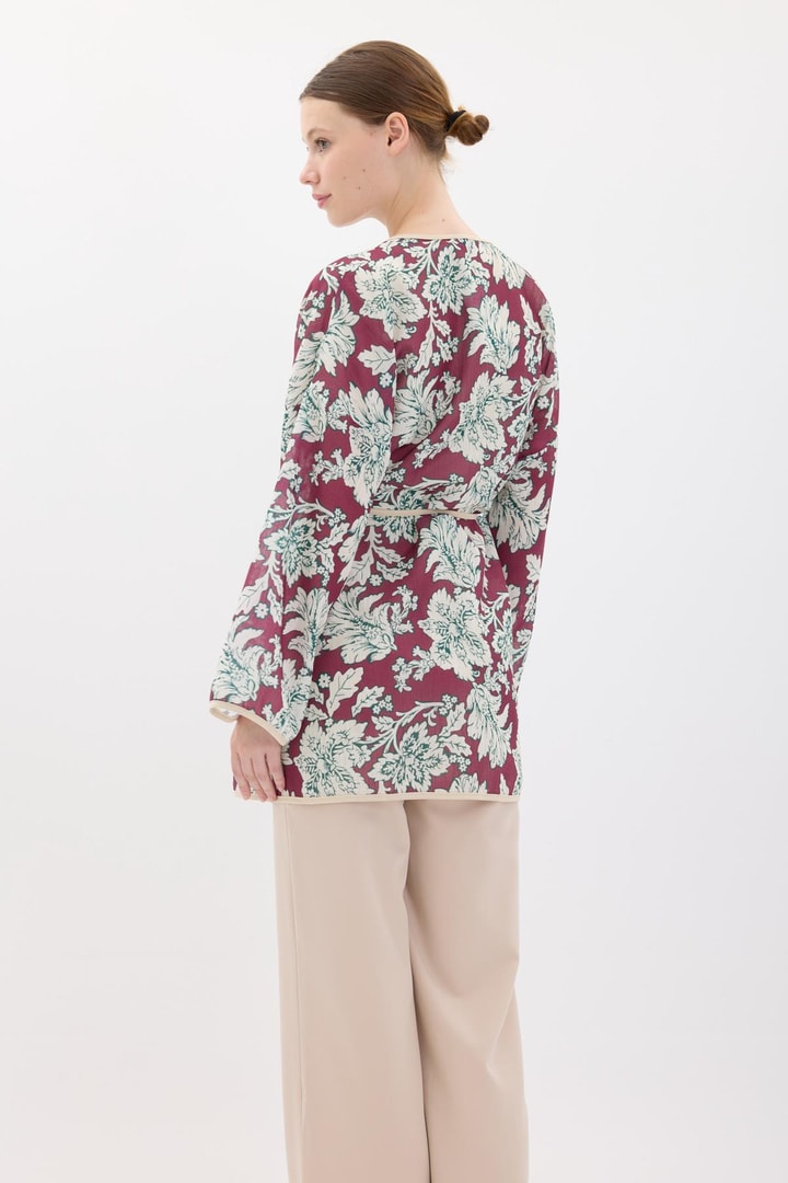 Keten Desenli Kimono - Bordo